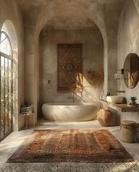 Earthy Bathroom Aesthetic, Wabi Sabi Bathroom Inspiration, Wabi Sabi Bathroom, Mediterranean Villas, Mediterranean Revival Style, وابي سابي, Wabi Sabi Aesthetic, Mediterranean Revival, Easy Life