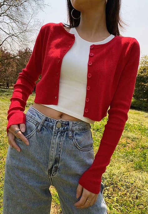 856fc81623da2150ba2210ba1b51d241desc35229248ri Red Outfit Korean, Red Outfits For Women, Red Cropped Cardigan, Pastel Outfit, Red Cardigan, Red Outfit, Outfit Goals, Outfits Casual, Aesthetic Fashion