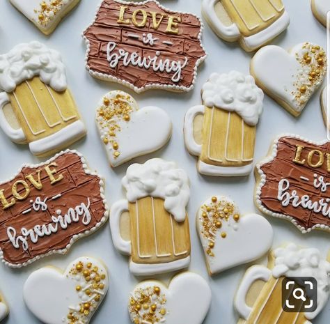 Bachelor Party Cookies, Brewery Wedding Reception, Beer Themed Wedding, Beer Cookies, Engagement Party Themes, Wedding Shower Cookies, Engagement Cookies, Love Is Brewing, Montana Elopement