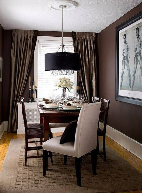 seven paint colors it’s time to retire (and what to go for instead!) Chocolate Living Rooms, Brown Walls Living Room, Brown Furniture Living Room, Brown Dining Room, Brown Living Room Decor, Brown Rooms, Living Room Warm, Dining Room Spaces, Dining Room Light Fixtures