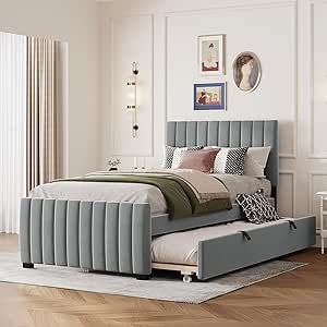 Striped Headboard, Velvet Bed Frame, Twin Trundle Bed, Twin Size Bed Frame, Velvet Upholstered Bed, Bed With Trundle, Twin Platform Bed, Standard Bed, Twin Bed Frame