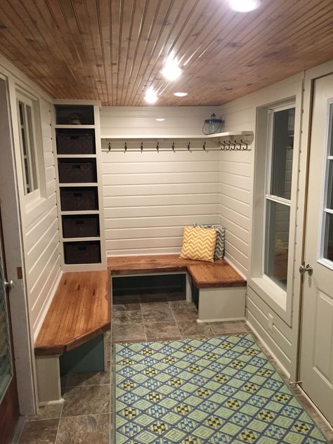 Car siding, bead board ceiling, bowling alley bench top, mud room. Mud Room Ceiling Ideas, Porch Mud Room Ideas, Sunroom Mudroom Combo Ideas, Front Porch Turned Into Mudroom, Front Porch Mud Room Ideas, Side Door Entrance Ideas Mud Rooms, Mud Porch Ideas, Building A Mudroom Addition, Simple Room Addition