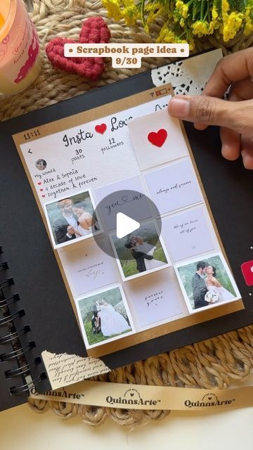 QuinnsArte by Quinal Malara on Instagram: "Scrapbook Page Idea 9/30 ♥️ Follow for more🫶🏻" Our First Year Together Scrapbook Ideas, Wedding Scrapbook Page Ideas, What Gifts To Give Your Boyfriend, Birthday Album Ideas, Album Photo Couple, Scrapbook Anniversary Ideas, Scrap Booking Ideas For Couples, Anniversary Scrapbook Pages Ideas, Scrapbook Ideas For Boyfriend Pages