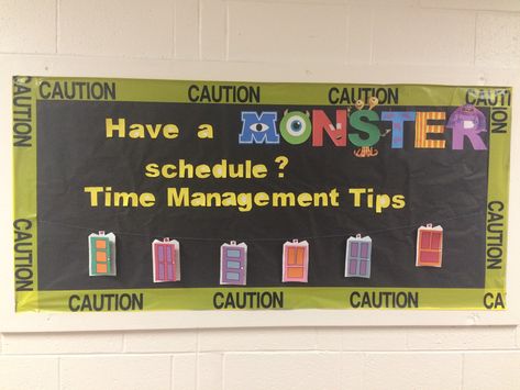 Monsters inc RA bulletin board for time management Monsters Inc Ra Bulletin Board, Monsters University Bulletin Board, Monsters University Ra Theme, Monsters Inc Bulletin Board, University Bulletin Board, Residence Life Bulletin Boards, Ra Programs, Resident Assistant Bulletin Boards, Nurse Bulletin Board