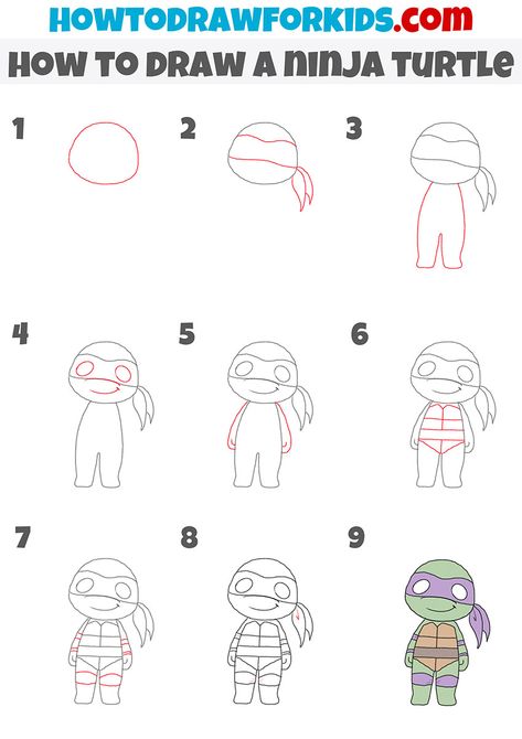 how to draw a ninja turtle step by step Ninja Turtle Easy Drawing, Cute Ninja Turtles Drawing, How To Draw Tmnt Step By Step, How To Draw A Ninja, How To Draw Teenage Mutant Ninja Turtles, How To Draw A Ninja Turtle, Step By Step Kawaii Drawing, How To Draw Ninja Turtles, Ninja Turtles Drawing Sketches