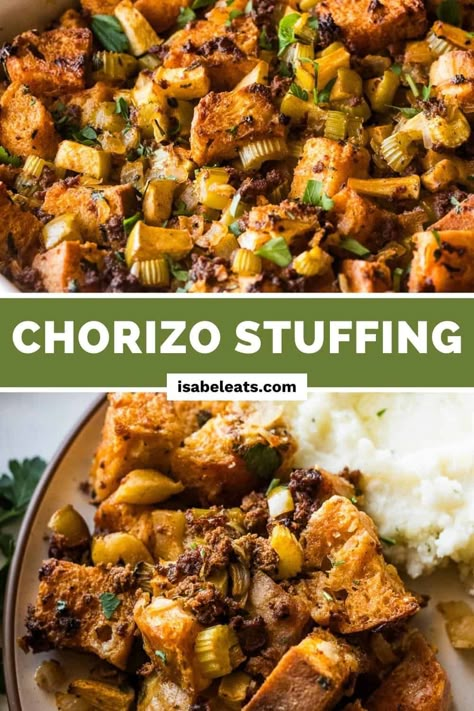 Spice up your Thanksgiving feast with this chorizo stuffing recipe! Made by combining the bold flavors of chorizo with classic stuffing ingredients and fresh herbs, it’s sure to be one of the most memorable holiday side dishes! Chorizo Stuffing Recipes, Spicy Stuffing Thanksgiving, Mexican Stuffing Thanksgiving, Chorizo Stuffing Thanksgiving, Latin Thanksgiving Dishes, Thanksgiving Mexican Recipes, Hispanic Thanksgiving Dinner, Mexican Thanksgiving Side Dishes, Mexican Thanksgiving Recipes