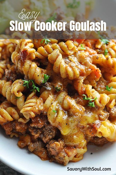 This hearty American-style goulash is so easy to put together and cooks without oversight in your slow cooker. Make enough for your crowd, as everyone will want seconds! #savorywithsoul #goulashrecipe #pastarecipes #goulashcrockpot #goulashrecipeseasygroundbeef #comfortfood Slow Cooker Goulash Recipes, Slow Cooker Goulash, Goulash Slow Cooker, Easy Goulash Recipes, Slow Cooker Ground Beef, Slow Cooker Pasta Recipes, Goulash Recipe, Ground Beef Pasta, Slow Cooker Pasta