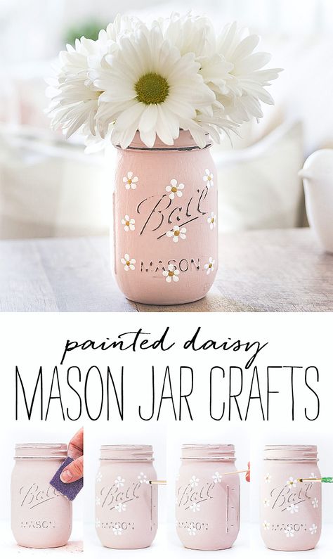 Painted Mason Jar Ideas, Mason Jar Painting Ideas, Paint Daisies, Painted Mason Jars Diy, Crafts For Spring, Diy Jars, Jars Crafts, Jar Painting, Spring Mason Jar