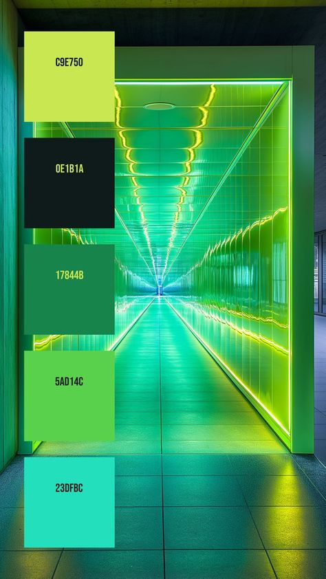 Colors: C9E750 ° 0E1B1A ° 17844B ° 5AD14C ° 23DFBC Neon Colour Palette, Green Corridor, Speculative Design, Graphic Design Portfolio Layout, Christmas Color Palette, Concrete Ceiling, Teal Green Color, Color Schemes Colour Palettes, Palette Art