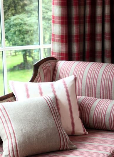 Ian Mankin stripes: Peony and Grain #naturalcurtaincompany Roman Blinds Kitchen, Ticking Stripe Fabric, Natural Curtains, Striped Sofa, Curtain Lining Fabric, Dining Room Curtains, Headboard With Lights, Cosy Living Room, Striped Cushions