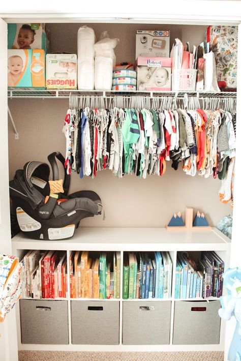 Inspiration for organizing a baby nursery and closet. How to organize books, clothes, gear, diapers, and more! Nursery Closet Organization With Sliding Doors, Best Nursery Organization, Closet Organizer Nursery, Newborn Closet Ideas, Over The Dresser Shelf, Closet Organization For Nursery, Closet Organization Ideas Nursery, Nursery Closet Organization Walk In, Nursery Open Closet Ideas