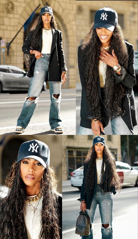 Jeans And Cap Outfit, Sheer Robe Outfit, Blazer With Cap Outfit, Baseball Cap And Blazer Outfit, Women’s Street Fashion 2023, Outfit Ideas Cold Spring, Khaki And Denim Outfit, Baseball Hat With Blazer Outfit, Baseball Cap Blazer Outfit