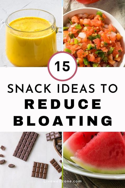 a collage of snacks to reduce bloating Debloating Foods, List Of Snacks, High Potassium Foods, Potassium Foods, Anti Inflammation Recipes, Snacks List, Delicious Snacks, Inflammatory Foods, Nut Butters