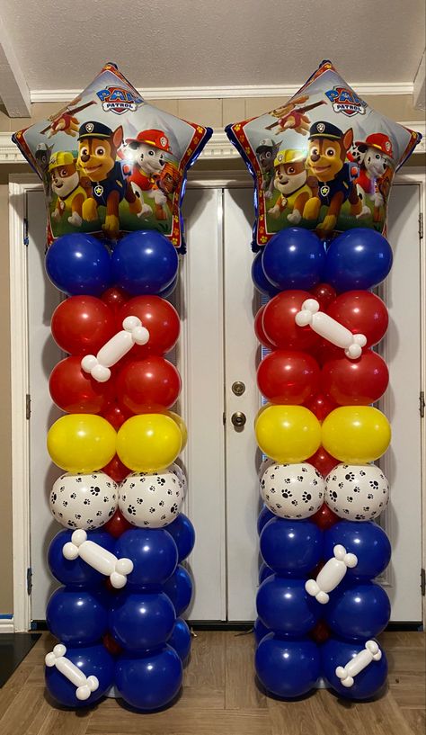 Paw Patrol Sleepover Ideas, Paw Patrol Party Ideas 1st Birthday, Paw Patrol Balloon Column, Paw Patrol Party Decorations Diy, Simple Paw Patrol Party Ideas, Paw Patrol Balloon Decorations, Paw Patrol Backdrop Ideas, Paw Patrol Decorations Birthdays, Paw Patrol Balloon Arch