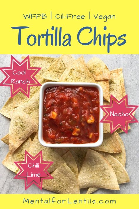 Check out these delicious oil-free tortilla chips. I show you how to bake them nice and crisp, without any oil. Then flavour them as you wish. Includes recipes for cool ranch, nacho and chilli lime seasonings. #wfpb #veganrecipes #healthysnacks #oilfree Chickpea Chips Recipes, Protein Tortilla Chips, Oven Baked Tortilla Chips, Chickpea Tortilla, Chickpea Chips, Gluten Free Chips, Vegan Tortilla, Chip Recipe, Bean Chips