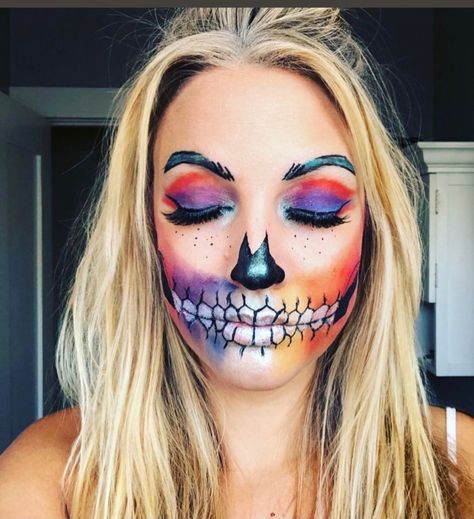 Rainbow skeleton halloween makeup Unicorn Skeleton Makeup, Cute Skeleton Face Paint, Rainbow Skeleton Makeup For Kids, Colorful Skeleton Makeup, Rainbow Skeleton Makeup, Rainbow Skull Makeup, Skeleton Makeup Kids, Skeleton Halloween Makeup, Rainbow Skeleton