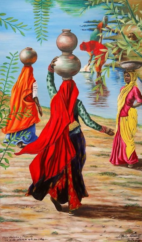 Village Seen Painting, Painting Of Village Scene, Village Painting Ideas, Painting Ideas Village, Rajasthani Painting Village, Natural Scene Painting, Panghat Painting, Village Life Painting Indian, Art Village Painting