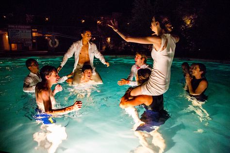 Wedding pool party, bride and groom's chicken fight at the Ace Hotel and Swim Club, Palm Springs, CA Photo by @christinaccraig Night Pool Party Aesthetic, Pool Party Aesthetic, Skimmer Pool, Night Pool Party, Wedding Pool Party, Pool Wedding, Party Aesthetic, Night Swimming, Summer Goals