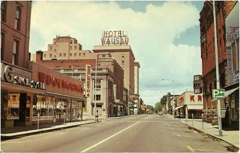 view of downtown Wausau Wausau Homes, Brandon Manitoba, Wausau Wisconsin, Vintage Business, Business Photos, Historical Place, Historical Photos, Main Street, The Ordinary