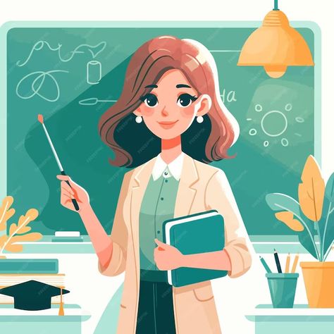 Premium Vector | A picture of a woman holding a pencil and a book with the words the teacher on it Teacher Cartoon Aesthetic, Teacher Aesthetic Drawing, Being A Teacher Aesthetic, Teacher Pictures Cartoon, Teacher Teaching Drawing, Teacher Illustration Cute, Person Holding Book Reference, School Teacher Photo, Teacher Graphics