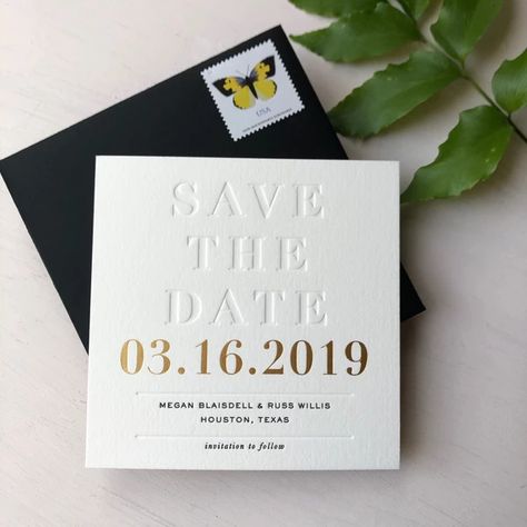 Dramatic and Minimal Square Save the Date - Blind Deboss Letterpress, Gold Foil & Black Letterpress. by Charm & Fig Black Tie Save The Date, Square Save The Date, Black Tie Wedding Save The Date, Blind Emboss Save The Date, Formal Save The Date Black Tie, Square Save The Date Cards, Letterpress Save The Date, Modern Classic Save The Date, Date Luxury