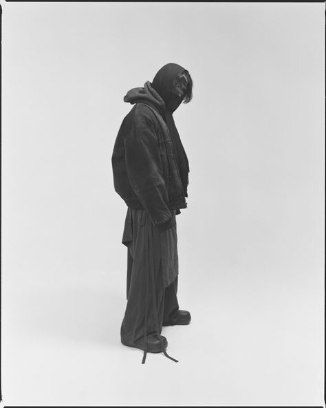 Drapey Yohji Yamamoto Hyein Seo Rubber Boot Scarf Hoodie Archive CDG 90s Y2K Style New York Fashion Week Editorial All Black Playboi Carti Kanye West Lukka Sabbat Brutalist Photoshoot, Yohji Yamamoto Aesthetic, Drapey Clothing, Boot Scarf, Lukka Sabbat, Scarf Hoodie, Yohji Yamamoto Menswear, Y2k Archive, Kanye West Style