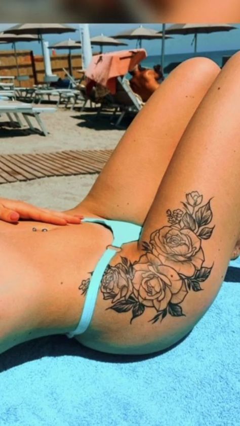 Twisty Tattoo, Side Thigh Tattoos Women, Pretty Thigh Tattoos, Side Hip Tattoos, Cute Thigh Tattoos, Side Thigh Tattoos, Rose Tattoo Thigh, Thigh Sleeve, Bum Tattoo