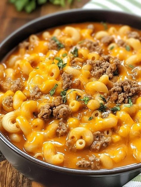 Soup Lovers (Recipes & Tips | 🍲 One-Pot Macaroni Cheeseburger Soup – NO VELVEETA | Facebook Hamburger Macaroni, Soup Maker Recipes, Soup Lovers, Quick Soup Recipes, Macaroni Soup, Quick Soup, Super Easy Dinner, Soup Maker, Cheeseburger Soup