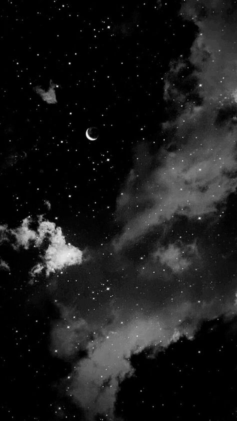 Beautiful Night Sky Aesthetic, Alexcore Aesthetic Wallpaper, Monochrome Background Aesthetic, Night Sky With Stars And Moon, Black And White Sky Aesthetic, Black Pastel Background, Moon Black Aesthetic, Dark Kawaii Wallpaper, Black Clouds Aesthetic