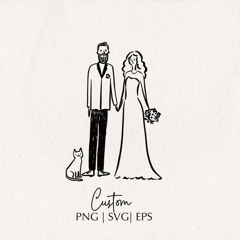 Custom minimalist ink wedding couple portrait illustration. Cute Couple Drawings Simple, Cool Wedding Gifts For The Couple, Wedding Card Drawing, Couples Illustration Art, Cute Illustration Couple, Wedding Drawing Couple, Funny Couple Illustration, Married Illustration, Wedding Couple Drawing