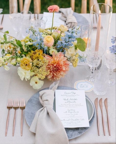 Baby Blue Centerpieces, Vibrant Spring Wedding, Wedding Table Designs, Floral Centerpiece, May Weddings, Garden Party Wedding, Pastel Wedding, Black Book, Wildflower Wedding