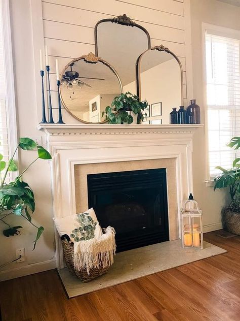 Mirrors Above Fireplace, Mirror Fireplace Mantle, Layered Mirrors, Over Fireplace Decor, Mirror Over Fireplace, Mirror Above Fireplace, Fireplace Styling, Farmhouse Mantle Decor, Farmhouse Fireplace Decor