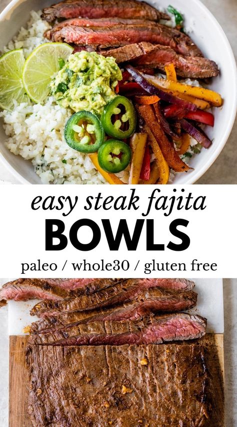 Flank Steak Burrito Bowl, Healthy Steak Fajita Bowl, Steak Bowls, Sautéed Peppers, Steak Bowl, Healthy Steak, Chipotle Burrito, Steak And Rice, Flank Steak Recipes