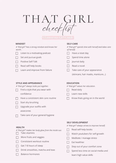 That girl checklist #selfgrowth #affirmations #quotes #glowup #beautytips #skincare #personaldevelopment #SelfCare   #SelfCareChecklist   #SelfCareIdeas   #SelfCareVisionBoard. Find out more here 👉 https://www.theworldaccordingtome.org/1790248_revitalize-your-mind-25-self-care-ideas-for-at-home-stress-relief/?selfcare Self Maintenance Checklist, Selfcare Routine Checklist, Self-care Routine List, Self Care Maintenance Checklist, Dream Life Checklist, Selfcare To Do List, Maintenance Routine List, Every Girl Needs, It Girl Daily Routine