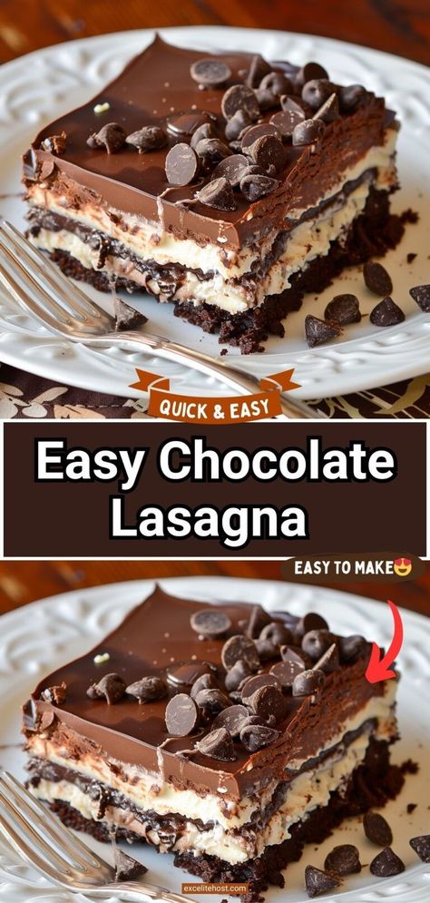 This no-bake chocolate lasagna has layers of crushed Oreos, cream, chocolate pudding and chocolate chips! Does it get any better than that?! Chocolate Lasagna Recipe Easy, Chocolate Cream Cheese Dessert, No Bake Chocolate Lasagna, Chocolate Lasagna Dessert, Chocolate Pudding Dessert, Chocolate Lasagna Recipe, No Bake Chocolate Desserts, Cheese Desserts, Chocolate Lasagna