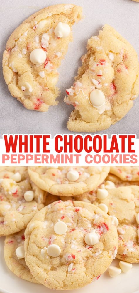 White Chocolate Peppermint Cookies are delicious chewy cookies loaded with white chocolate chips and candy cane pieces. Peppermint White Chocolate Cookies, White Chocolate Candy Cane Cookies, Christmas Peppermint Cookies, White Chocolate Recipes Desserts, White Chocolate Peppermint Cookies, Christmas Dessert Tray, Peppermint Christmas Cookies, Dieting Foods, Peppermint Chocolate Chip Cookies