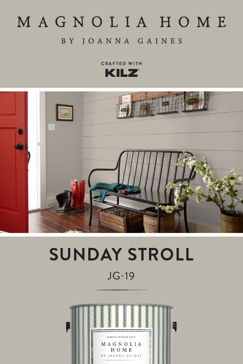 The farmhouse style of this front entryway is complete thanks to a new coat of Sunday Stroll, from the Magnolia Home by Joanna Gaines® Paint collection. A traditional neutral shade of gray, this wall color is a timeless addition to the bright red front door and shiplap walls in this space. Click below for full color details to learn more. Joanna Gaines Home Paint Colors, Sunday Stroll Magnolia Paint, Magnolia Paint Colors Joanna Gaines 2023, Mudroom Paint Color Ideas, Painted Shiplap Walls, Magnolia Home Paint Colors, Mudroom Paint Color, Living Room Joanna Gaines, Joanna Gaines Paint Colors