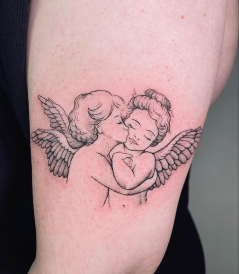 Angels Tattoo Designs, 3 Angels Tattoo, Angels Tattoo, Cupid Tattoo, 3 Angels, Kiss Tattoos, Wrist Tattoo Designs, Cherub Tattoo, Angel Tattoo Designs