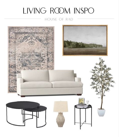 Living Mood Board, Round Nesting Tables, Round Side Table Black, Sofa White, Faux Olive Tree, Sofa Black, White Sofa, Round Sofa, Living Room Decorations