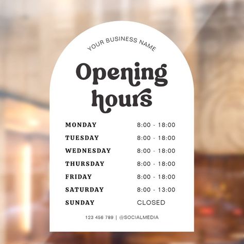 Retro Font Trendy Arch Business Name Opening Times Salon Hours Sign, Restaurant Hours Sign, Opening Times Sign Design, Store Hours Decal, Diy Open Sign, Business Hours Sign Design, Operating Hours Design, Opening Hours Template, Food Store Name Ideas