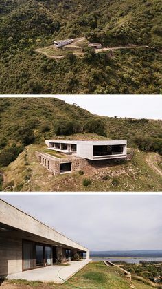 Contemporary Concrete House, House In Slope, Concrete House Design, Valley House, Contemporary Residence, Hillside House, Earth Sheltered, Concrete Houses, Underground Homes