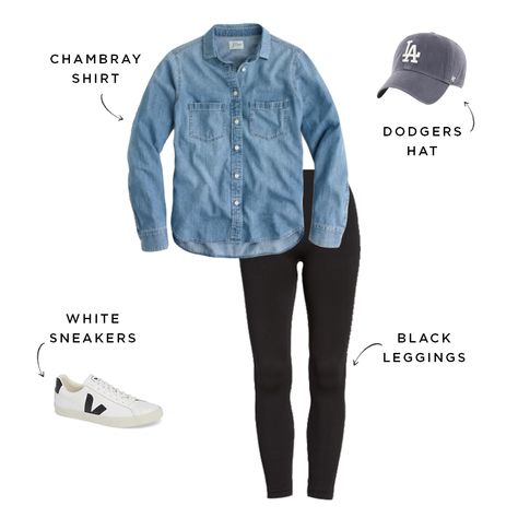 Chambray Shirt Outfits, Meghan Markle Outfits, Black Leggings Outfit, Meghan Markle Style, Famous Outfits, The Everygirl, Distressed Denim Shorts, Sporty Outfits, Chambray Shirt