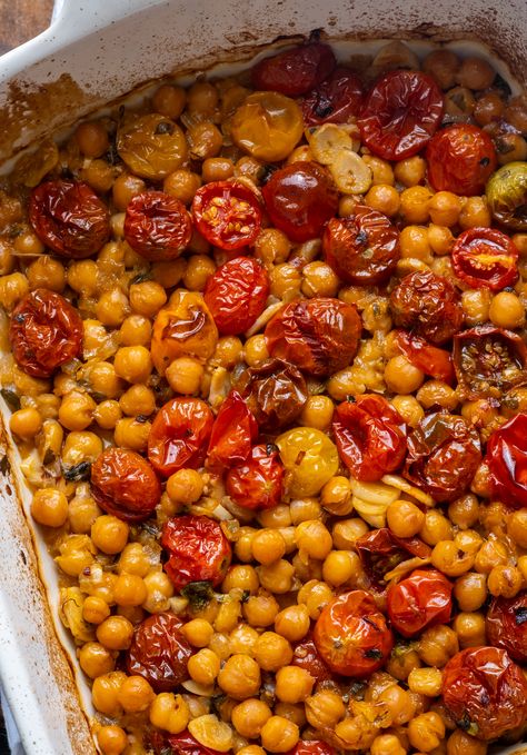 Roasted Tomato And Chickpea Pasta, Slow Roasted Tomato And Chickpea Pasta, Dinner With Grape Tomatoes, Cherry Tomato Roasted, Vegan Recipes With Cherry Tomatoes, Chickpea Tomato Recipes, Fresh Kitchen Chickpea Recipes, Recipes To Use Cherry Tomatoes, Cherry Tomato Bake