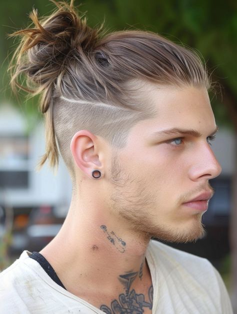 Man Bun Fade Undercut Hairstyles, Hairstyles For Undercut Long Hair, Long Hair Faded Sides Men, Man Bun Shaved Sides, Man Bun Hairstyles Undercut, Undercut Growing Out Hairstyles, Man Bun Undercut Fade, Boys Man Bun Haircut, Undercut Designs Men