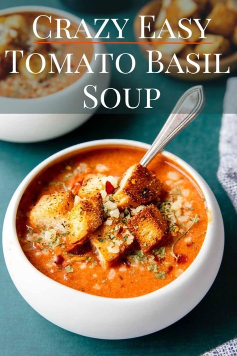 No other way to say it...this Tomato Basil Soup is crazy easy to make. It is deliciously balanced in flavors & will take about 10 mins to make, including the garlic croutons! Easy Tomato Basil Soup, Savory Soup Recipes, Hamburger Potato Soup, Garlic Croutons, Tomato Basil Soup Recipe, Grilled Cheese Croutons, Creamy Tomato Basil Soup, Pantry Recipes, 2023 Recipes