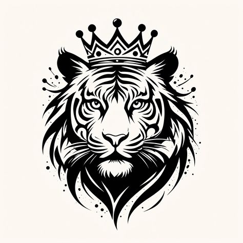 Tiger with crown, tiger art, Black and white, tiger illustration, Royal tiger portrait, Ink art, tattoo design, Fierce, Tattoo style tiger, Monochrome tiger, Artistic tiger print, Tribal tiger design, Powerful, Elegant drawing, Wild animal royalty, King of the jungle, Majestic beast illustration White Tiger Illustration, Tiger With Crown, Crown Black And White, Beast Illustration, Illustration Tattoo Design, Ink Art Tattoo, Tiger Outline, Fierce Tattoo, Om Tattoo Design