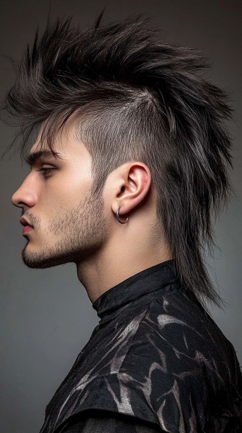 Handsome man with modern mullet haircut. Edgy Men’s Hairstyles, Alternative Hairstyles Men, Cool Male Hairstyles, Mohawk Aesthetic, Mens Mullet Haircut, Punk Hairstyles Men, Alternative Mens Hair, Slicked Back Mullet, Mens Shoulder Length Hairstyles