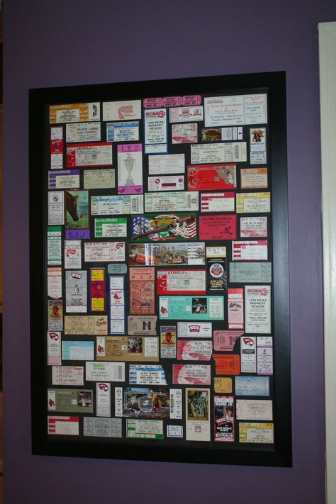 We finally found a place for all the ticket stubs we've saved over the years. Ticket Stubs Display Wall Art, Ticket Memory Ideas, Display Ticket Stubs, Ways To Display Concert Tickets, Concert Ticket Wall Decor, Framed Concert Tickets, Bookmark Collection Display, Concert Tickets Display, Ticket Stubs Display