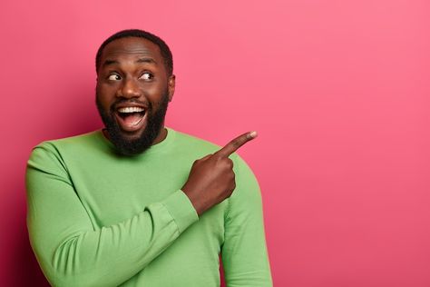 Free Photo | Look attention! black bearded man points index finger aside, shows copy space on right, empty place for your promotional text Amused Expression, Happy Black Man, Influencer Poses, Blank Chalkboard, A Person Standing, Man Pointing, Man Pose, Man Looking Up, Hand Pointing