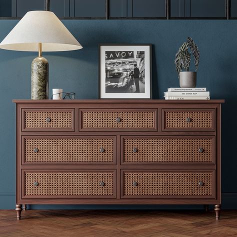 There’s signature style, and then there’s the Vintage Rattan Chest. With seven drawers in three sizes, this chest is a charming character piece. The warm wooden finish perfectly pairs with the natural-tone rattan showcased throughout, for effortless style that is truly timeless. Complete the look with the matching bed and bedside tables. #featherandblack #weatheredoak #rattanbed #rattanfurniture #bedroomgoals #bedroomstyle #bedroominspo #interiordesign #homedecor #homedesign #interiors #i... Rattan Chest Of Drawers, Rattan Aesthetic, Rattan Drawers, Rattan Accents, Rattan Bedroom, Chest Of Drawers Bedroom, Rattan Bed, Vintage Rattan, Interiors Inspiration